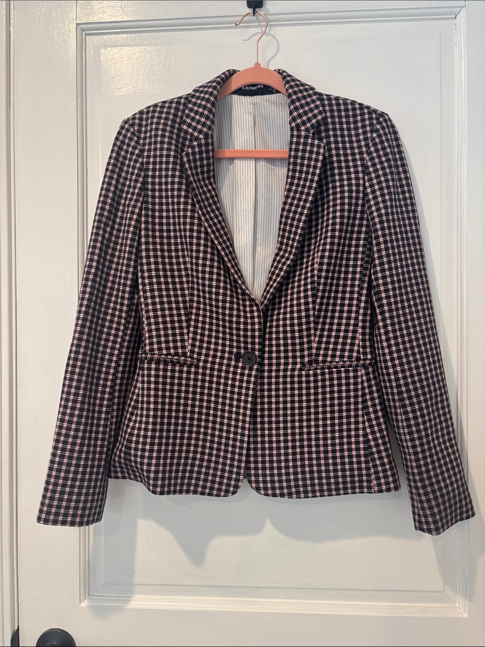 Express Pink and Black Plaid Tailored Blazer